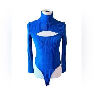 SHEIN Blue Ribbed Cut Out BodySuit Turtle Neck Long Sleeve